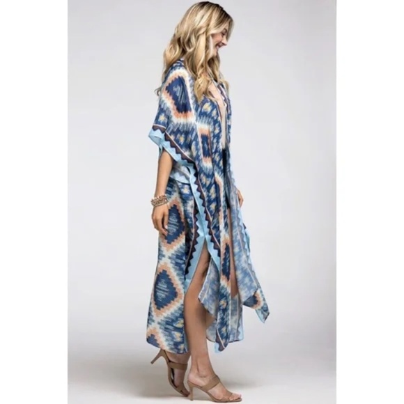 Blue Navy Multi Long Open Front Aztec Tribal Pattern Kimono Wrap Coverup Top - Picture 2 of 3